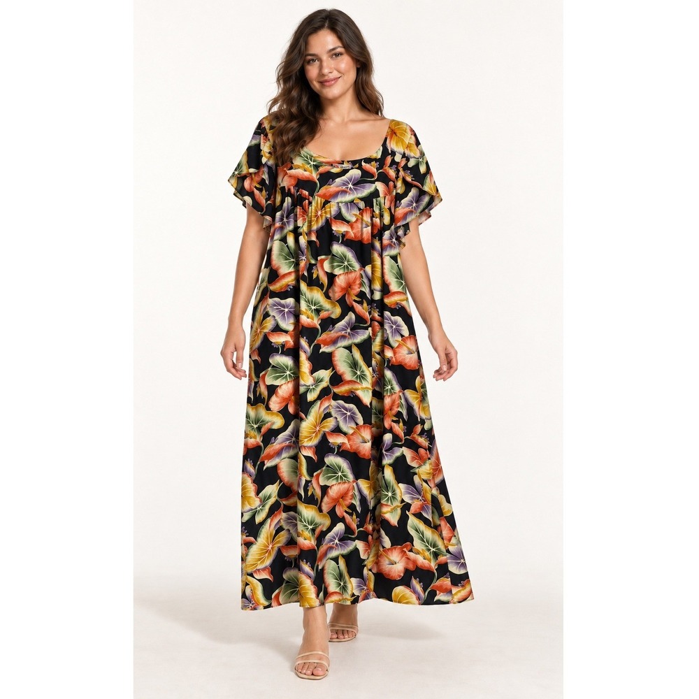 Hilo Hattie Vintage Muumuu Dress Women XL Black Floral Hawaiian Tropical Boho